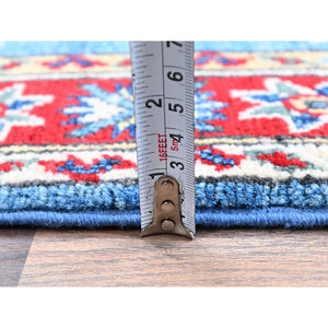 2'1"x3' Maya Blue, Kazak with Tribal Medallions Design, Vegetable Dyes, Hand Knotted, Soft Wool, Denser Weave, Sample, Mat, Oriental Rug FWR2274
