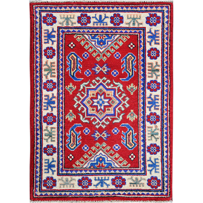 2'x3' Imperial Red, Kazak with Geometric Medallion Design, Vegetable Dyes, Hand Knotted, Soft and Vibrant Wool, Denser Weave, Sample, Mat, Oriental Rug Sh382 FWR2292