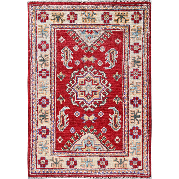 2'x3' Crimson Red, Kazak with Geometric Medallion Design, Vegetable Dyes, Soft Wool, Hand Knotted, Denser Weave, Sample, Mat, Oriental Rug Sh383 FWR2298