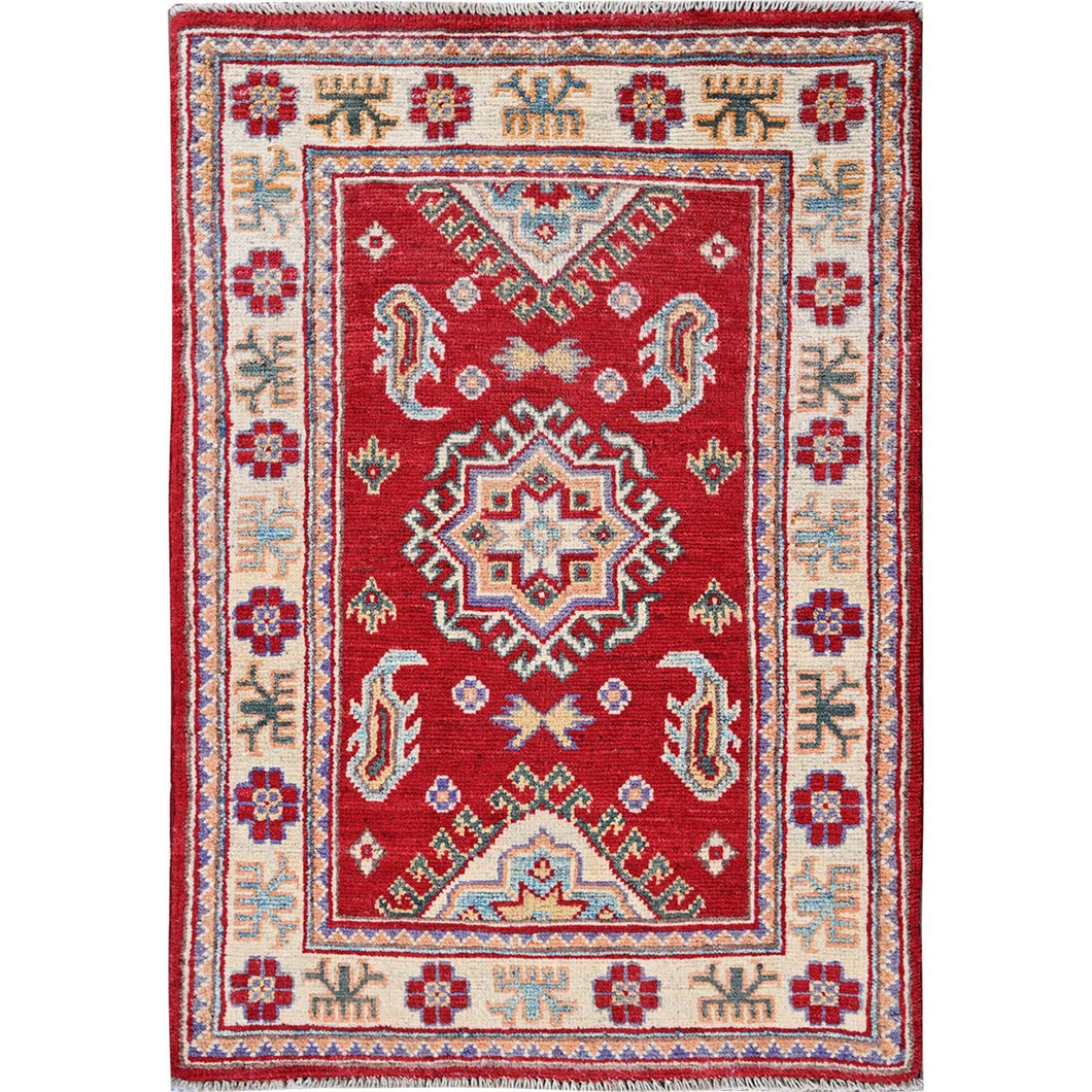 2'x3' Crimson Red, Kazak with Geometric Medallion Design, Vegetable Dyes, Soft Wool, Hand Knotted, Denser Weave, Sample, Mat, Oriental Rug Sh383 FWR2298