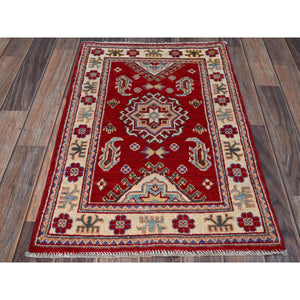 2'x3' Crimson Red, Kazak with Geometric Medallion Design, Vegetable Dyes, Soft Wool, Hand Knotted, Denser Weave, Sample, Mat, Oriental Rug Sh383 FWR2298