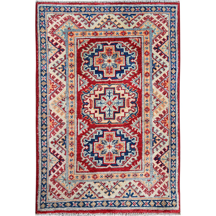 2'x3' Berry Red, Kazak with Geometric Medallions Design, Hand Knotted, Soft Wool, Natural Dyes, Denser Weave, Sample, Mat, Oriental Rug Sh384 FWR2304