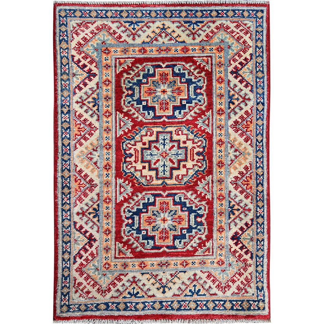 2'x3' Berry Red, Kazak with Geometric Medallions Design, Hand Knotted, Soft Wool, Natural Dyes, Denser Weave, Sample, Mat, Oriental Rug Sh384 FWR2304