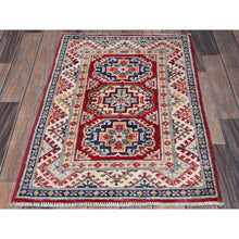 Load image into Gallery viewer, 2&#39;x3&#39; Berry Red, Kazak With Geometric Medallions Design, Hand Knotted, Soft Wool, Natural Dyes, Denser Weave, Sample, Mat, Oriental Rug FWR2304