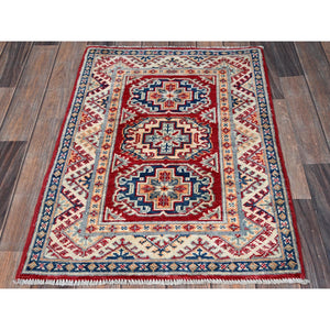 2'x3' Berry Red, Kazak With Geometric Medallions Design, Hand Knotted, Soft Wool, Natural Dyes, Denser Weave, Sample, Mat, Oriental Rug FWR2304