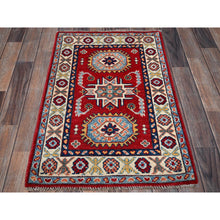 Load image into Gallery viewer, 2&#39;1&quot;x3&#39;1&quot; Prismatic Red, Kazak with Tribal Medallions Design, Vegetable Dyes, Soft Wool, Hand Knotted, Denser Weave, Sample, Mat, Oriental Rug FWR2316