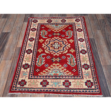 Load image into Gallery viewer, 2&#39;1&quot;x3&#39; Scarlet Red, Kazak with Geometric Medallion Design, Vegetable Dyes, Hand Knotted, Soft and Vibrant Wool, Denser Weave, Sample, Mat, Oriental Rug FWR2322