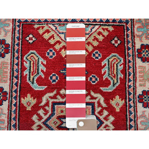 2'1"x3' Scarlet Red, Kazak with Geometric Medallion Design, Vegetable Dyes, Hand Knotted, Soft and Vibrant Wool, Denser Weave, Sample, Mat, Oriental Rug FWR2322