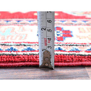 2'1"x3' Scarlet Red, Kazak with Geometric Medallion Design, Vegetable Dyes, Hand Knotted, Soft and Vibrant Wool, Denser Weave, Sample, Mat, Oriental Rug FWR2322