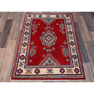 2'1"x3'1" Crimson Red, Kazak with Geometric Medallion Design, Vegetable Dyes, Hand Knotted, Soft Wool, Denser Weave, Sample, Mat, Oriental Rug FWR2328