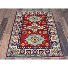 Load image into Gallery viewer, 2&#39;1&quot;x3&#39; Crimson Red, Kazak with Geometric Medallions Design, Vegetable Dyes, Soft and Shiny Wool, Hand Knotted, Denser Weave, Mat, Sample, Oriental Rug FWR2334