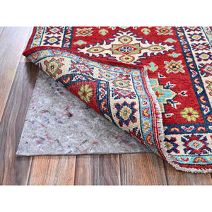 2'1"x3' Crimson Red, Kazak with Geometric Medallions Design, Vegetable Dyes, Soft and Shiny Wool, Hand Knotted, Denser Weave, Mat, Sample, Oriental Rug FWR2334