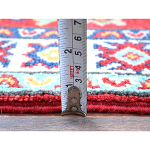 2'1"x3' Crimson Red, Kazak with Geometric Medallions Design, Vegetable Dyes, Soft and Shiny Wool, Hand Knotted, Denser Weave, Mat, Sample, Oriental Rug FWR2334