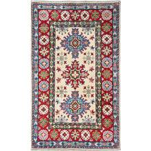 Load image into Gallery viewer, 2&#39;6&quot;x4&#39;1&quot; Alabaster White, Kazak with Geometric Medallions Design, Hand Knotted, Vegetable Dyes, Soft Wool, Denser Weave, Sample, Mat, Oriental Rug Sh393 FWR2358