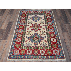 2'6"x4'1" Alabaster White, Kazak with Geometric Medallions Design, Hand Knotted, Vegetable Dyes, Soft Wool, Denser Weave, Sample, Mat, Oriental Rug Sh393 FWR2358