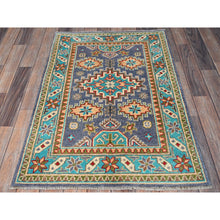 Load image into Gallery viewer, 2&#39;8&quot;x4&#39; Medium Purple, Kazak With Geometric Design, Vegetable Dyes, Hand Knotted, Soft And Shiny Wool, Denser Weave, Sample, Mat, Oriental Rug FWR2370