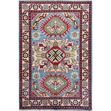 Load image into Gallery viewer, 2&#39;9&quot;x4&#39; Lichen Blue, Kazak with Tribal Design, Vegetable Dyes, Soft and Shiny Wool, Hand Knotted, Denser Weave, Sample, Mat, Oriental Rug Sh397 FWR2382
