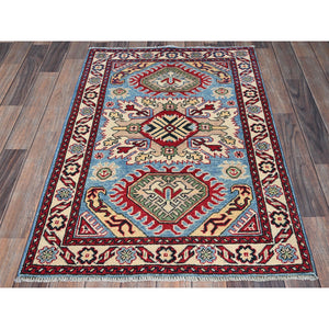 2'9"x4' Lichen Blue, Kazak with Tribal Design, Vegetable Dyes, Soft and Shiny Wool, Hand Knotted, Denser Weave, Sample, Mat, Oriental Rug Sh397 FWR2382