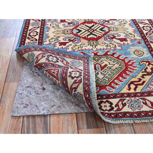 2'9"x4' Lichen Blue, Kazak with Tribal Design, Vegetable Dyes, Soft and Shiny Wool, Hand Knotted, Denser Weave, Sample, Mat, Oriental Rug Sh397 FWR2382