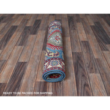 Load image into Gallery viewer, 2&#39;9&quot;x4&#39; Lichen Blue, Kazak with Tribal Design, Vegetable Dyes, Soft and Shiny Wool, Hand Knotted, Denser Weave, Sample, Mat, Oriental Rug Sh397 FWR2382