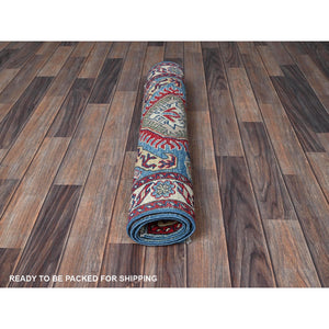 2'9"x4' Lichen Blue, Kazak with Tribal Design, Vegetable Dyes, Soft and Shiny Wool, Hand Knotted, Denser Weave, Sample, Mat, Oriental Rug Sh397 FWR2382