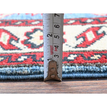 Load image into Gallery viewer, 2&#39;9&quot;x4&#39; Lichen Blue, Kazak With Tribal Design, Vegetable Dyes, Soft And Shiny Wool, Hand Knotted, Denser Weave, Sample, Mat, Oriental Rug FWR2382