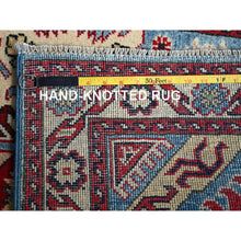 Load image into Gallery viewer, 2&#39;9&quot;x4&#39; Lichen Blue, Kazak With Tribal Design, Vegetable Dyes, Soft And Shiny Wool, Hand Knotted, Denser Weave, Sample, Mat, Oriental Rug FWR2382