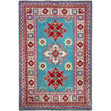 Load image into Gallery viewer, 2&#39;7&quot;x4&#39;1&quot; Aqua Blue, Kazak with Tribal Medallions Design, Soft and Shiny Wool, Vegetable Dyes, Hand Knotted, Denser Weave, Sample, Mat, Oriental Rug Sh398 FWR2388