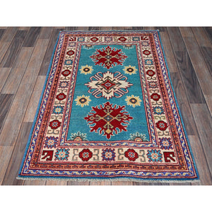2'7"x4'1" Aqua Blue, Kazak with Tribal Medallions Design, Soft and Shiny Wool, Vegetable Dyes, Hand Knotted, Denser Weave, Sample, Mat, Oriental Rug Sh398 FWR2388