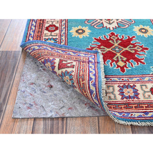 2'7"x4'1" Aqua Blue, Kazak with Tribal Medallions Design, Soft and Shiny Wool, Vegetable Dyes, Hand Knotted, Denser Weave, Sample, Mat, Oriental Rug Sh398 FWR2388