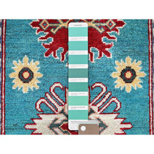 Load image into Gallery viewer, 2&#39;7&quot;x4&#39;1&quot; Aqua Blue, Kazak with Tribal Medallions Design, Soft and Shiny Wool, Vegetable Dyes, Hand Knotted, Denser Weave, Sample, Mat, Oriental Rug Sh398 FWR2388
