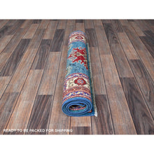 Load image into Gallery viewer, 2&#39;7&quot;x4&#39;1&quot; Aqua Blue, Kazak With Tribal Medallions Design, Soft And Shiny Wool, Vegetable Dyes, Hand Knotted, Denser Weave, Sample, Mat, Oriental Rug FWR2388