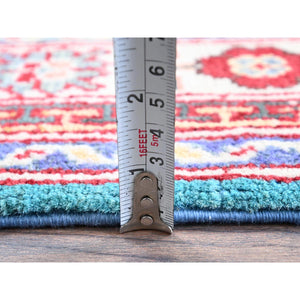 2'7"x4'1" Aqua Blue, Kazak with Tribal Medallions Design, Soft and Shiny Wool, Vegetable Dyes, Hand Knotted, Denser Weave, Sample, Mat, Oriental Rug Sh398 FWR2388