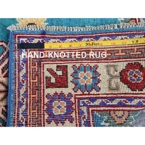 2'7"x4'1" Aqua Blue, Kazak with Tribal Medallions Design, Soft and Shiny Wool, Vegetable Dyes, Hand Knotted, Denser Weave, Sample, Mat, Oriental Rug Sh398 FWR2388