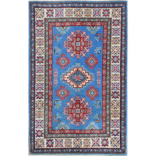 Load image into Gallery viewer, 2&#39;9&quot;x4&#39;1&quot; Cerulean Blue, Kazak with Tribal Medallions Design, Vegetable Dyes, Hand Knotted, Soft and Shiny Wool, Denser Weave, Sample, Mat, Oriental Rug Sh399 FWR2394