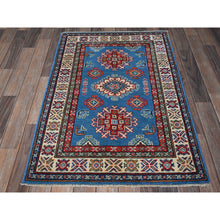 Load image into Gallery viewer, 2&#39;9&quot;x4&#39;1&quot; Cerulean Blue, Kazak With Tribal Medallions Design, Vegetable Dyes, Hand Knotted, Soft And Shiny Wool, Denser Weave, Sample, Mat, Oriental Rug FWR2394