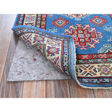 Load image into Gallery viewer, 2&#39;9&quot;x4&#39;1&quot; Cerulean Blue, Kazak with Tribal Medallions Design, Vegetable Dyes, Hand Knotted, Soft and Shiny Wool, Denser Weave, Sample, Mat, Oriental Rug Sh399 FWR2394