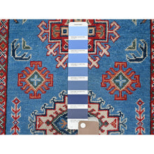 Load image into Gallery viewer, 2&#39;9&quot;x4&#39;1&quot; Cerulean Blue, Kazak with Tribal Medallions Design, Vegetable Dyes, Hand Knotted, Soft and Shiny Wool, Denser Weave, Sample, Mat, Oriental Rug Sh399 FWR2394