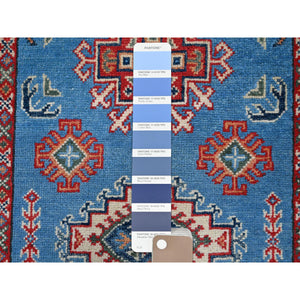 2'9"x4'1" Cerulean Blue, Kazak with Tribal Medallions Design, Vegetable Dyes, Hand Knotted, Soft and Shiny Wool, Denser Weave, Sample, Mat, Oriental Rug Sh399 FWR2394