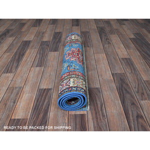 2'9"x4'1" Cerulean Blue, Kazak with Tribal Medallions Design, Vegetable Dyes, Hand Knotted, Soft and Shiny Wool, Denser Weave, Sample, Mat, Oriental Rug Sh399 FWR2394