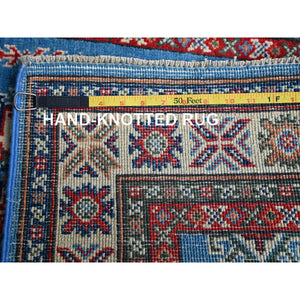2'9"x4'1" Cerulean Blue, Kazak with Tribal Medallions Design, Vegetable Dyes, Hand Knotted, Soft and Shiny Wool, Denser Weave, Sample, Mat, Oriental Rug Sh399 FWR2394