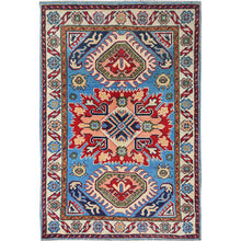 Load image into Gallery viewer, 2&#39;8&quot;x4&#39; Bayern Blue, Kazak with Geometric Medallions Design, Hand Knotted, Soft and Shiny Wool, Vegetable Dyes, Denser Weave, Sample, Mat, Oriental Rug Sh400 FWR2400