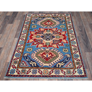 2'8"x4' Bayern Blue, Kazak with Geometric Medallions Design, Hand Knotted, Soft and Shiny Wool, Vegetable Dyes, Denser Weave, Sample, Mat, Oriental Rug Sh400 FWR2400