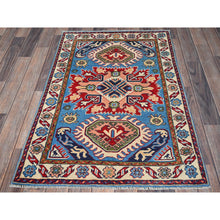 Load image into Gallery viewer, 2&#39;8&quot;x4&#39; Bayern Blue, Kazak With Geometric Medallions Design, Hand Knotted, Soft And Shiny Wool, Vegetable Dyes, Denser Weave, Sample, Mat, Oriental Rug FWR2400
