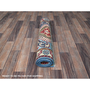 2'8"x4' Bayern Blue, Kazak with Geometric Medallions Design, Hand Knotted, Soft and Shiny Wool, Vegetable Dyes, Denser Weave, Sample, Mat, Oriental Rug Sh400 FWR2400