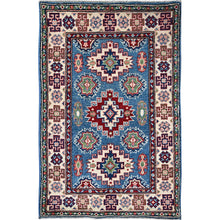 Load image into Gallery viewer, 2&#39;8&quot;x4&#39;1&quot; Maya Blue, Kazak with Tribal Medallions Design, Vegetable Dyes, Hand Knotted, Denser Weave, Soft and Vibrant Wool, Sample, Mat, Oriental Rug Sh401 FWR2406