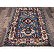 Load image into Gallery viewer, 2&#39;8&quot;x4&#39;1&quot; Maya Blue, Kazak with Tribal Medallions Design, Vegetable Dyes, Hand Knotted, Denser Weave, Soft and Vibrant Wool, Sample, Mat, Oriental Rug Sh401 FWR2406