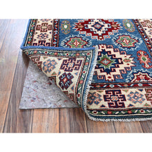 Load image into Gallery viewer, 2&#39;8&quot;x4&#39;1&quot; Maya Blue, Kazak with Tribal Medallions Design, Vegetable Dyes, Hand Knotted, Denser Weave, Soft and Vibrant Wool, Sample, Mat, Oriental Rug Sh401 FWR2406