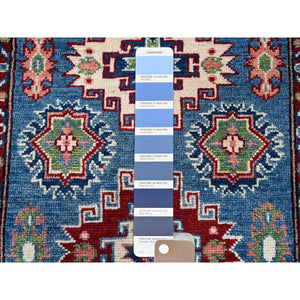 2'8"x4'1" Maya Blue, Kazak with Tribal Medallions Design, Vegetable Dyes, Hand Knotted, Denser Weave, Soft and Vibrant Wool, Sample, Mat, Oriental Rug Sh401 FWR2406