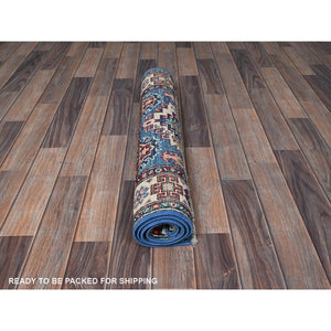 2'8"x4'1" Maya Blue, Kazak with Tribal Medallions Design, Vegetable Dyes, Hand Knotted, Denser Weave, Soft and Vibrant Wool, Sample, Mat, Oriental Rug Sh401 FWR2406